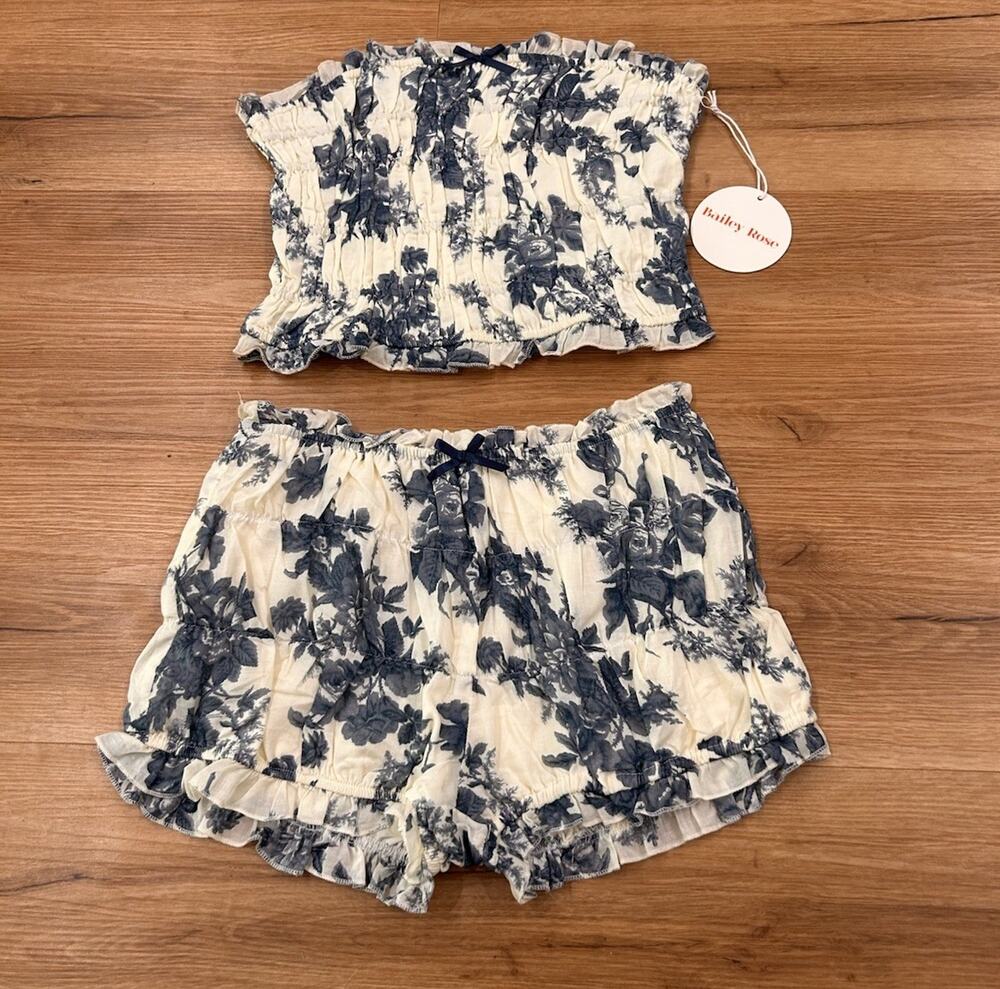 NWT Toile Corset Top Bloomer Shorts Set Coquette Cottagecore Bailey Rose M -